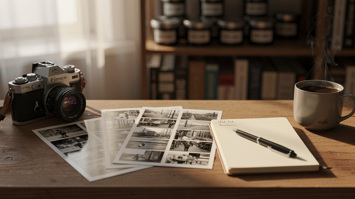 Camera and contact sheets on a photography editing desk